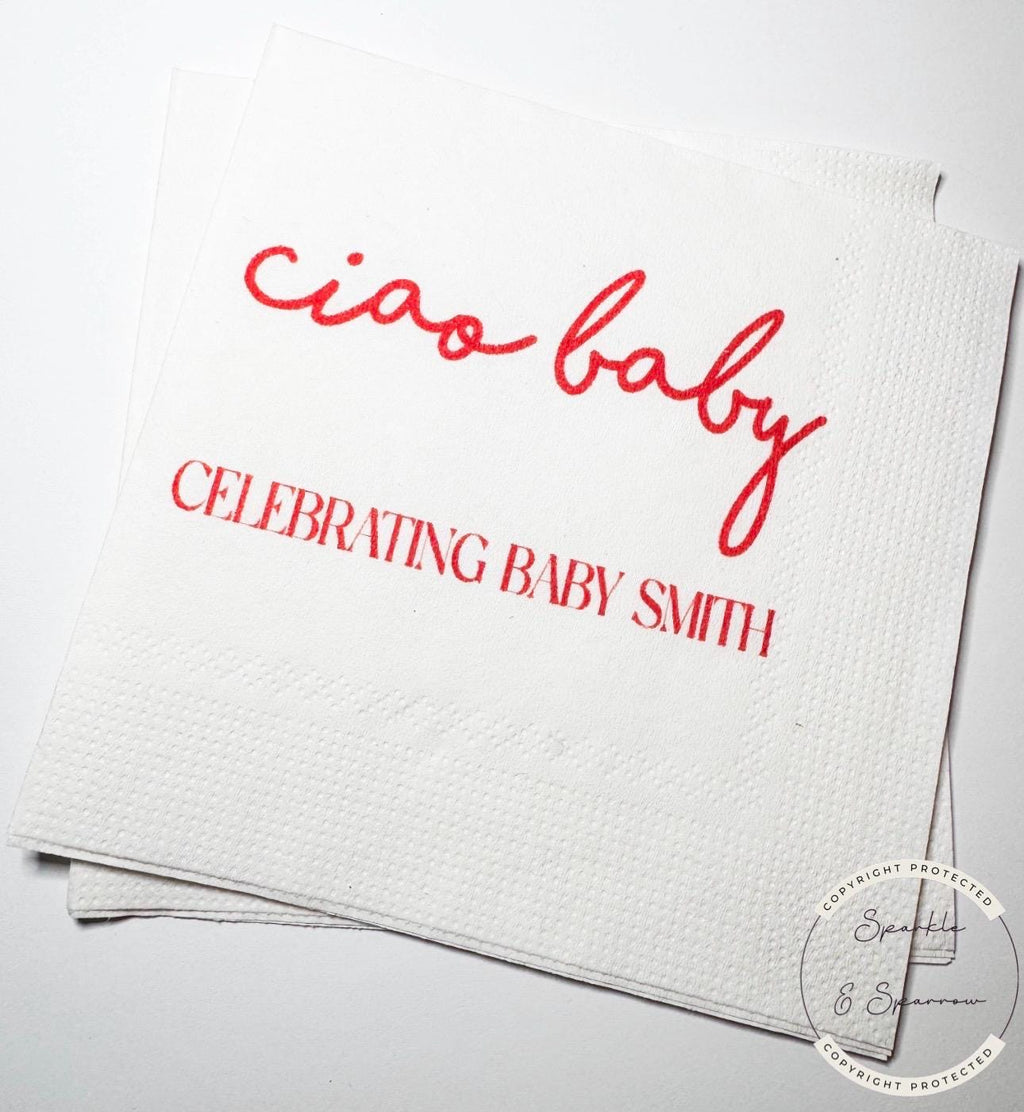 Ciao Baby Red Bow Italian Baby Shower Ciao Bambino Red Bow Baby Shower Summer Personalized Cocktail, Luncheon or Dinner Napkins Set of 25