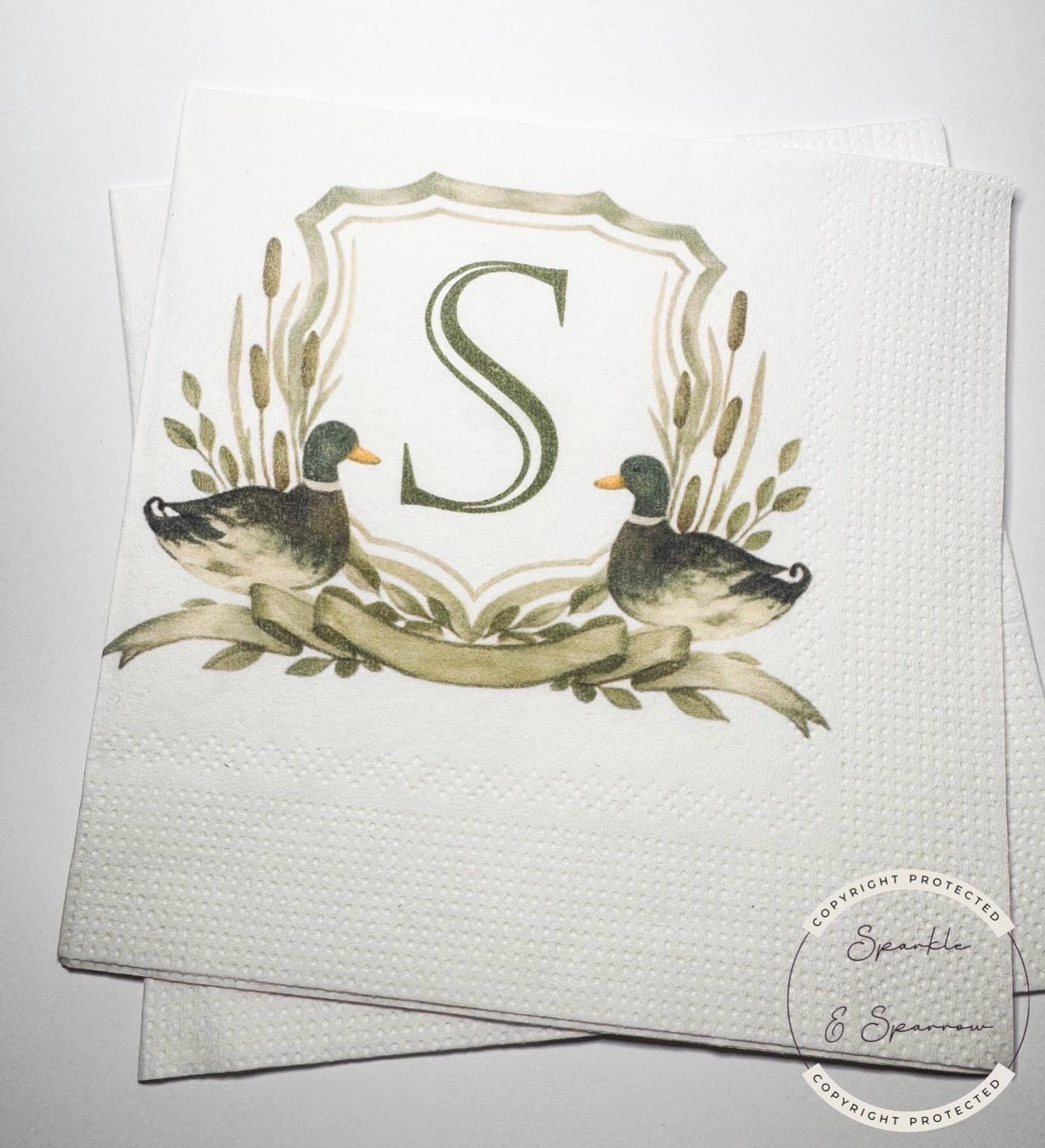 Duck Baby Shower Duck Birthday Crest Mallard Duck Monogram Boy Birthday Party Personalized Cocktail, Luncheon or Dinner Napkins Set of 25