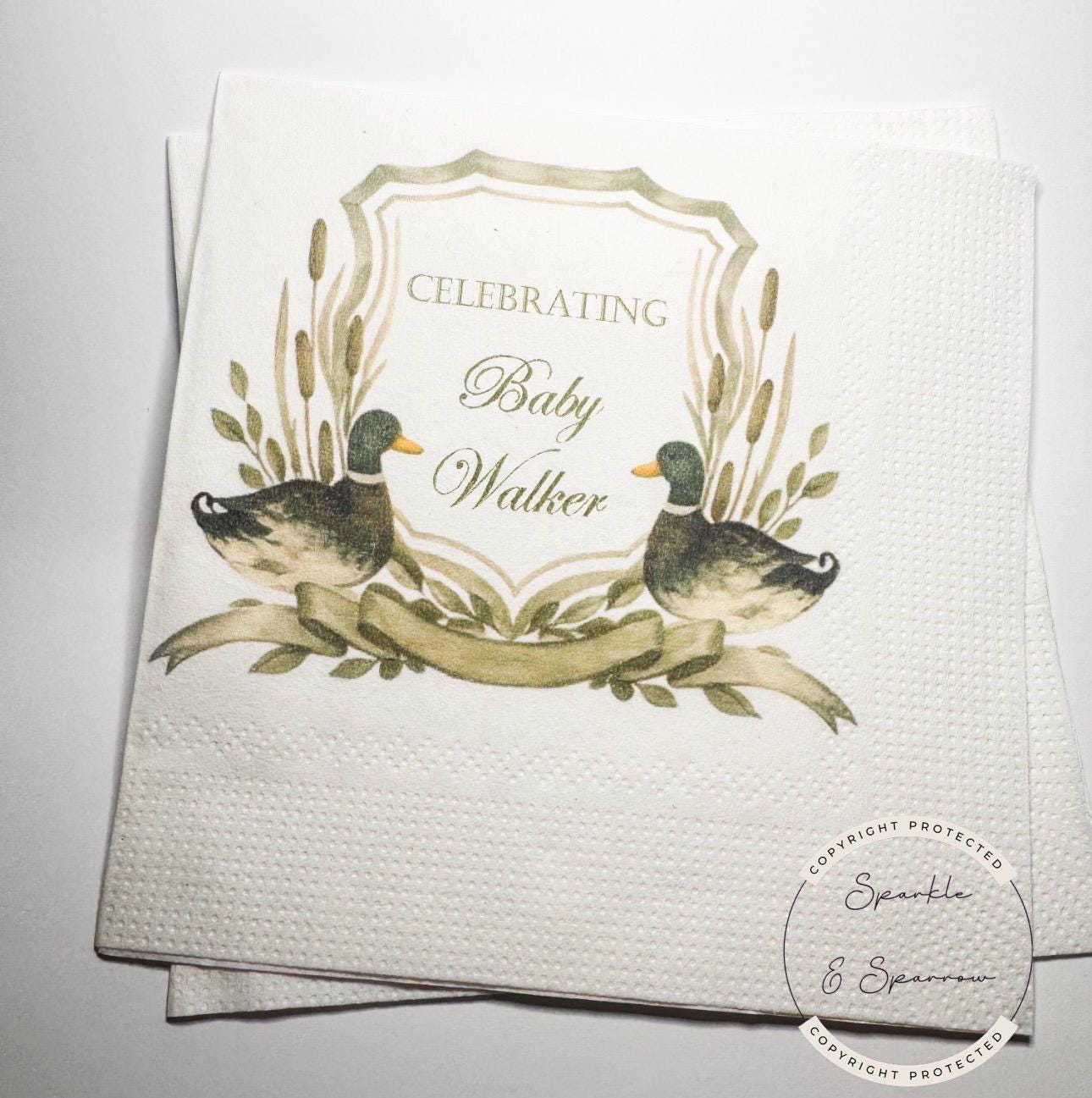 Duck Baby Shower Duck Watercolor Crest Mallard Duck Monogram Hunter Baby Shower Personalized Cocktail, Luncheon or Dinner Napkins Set of 25