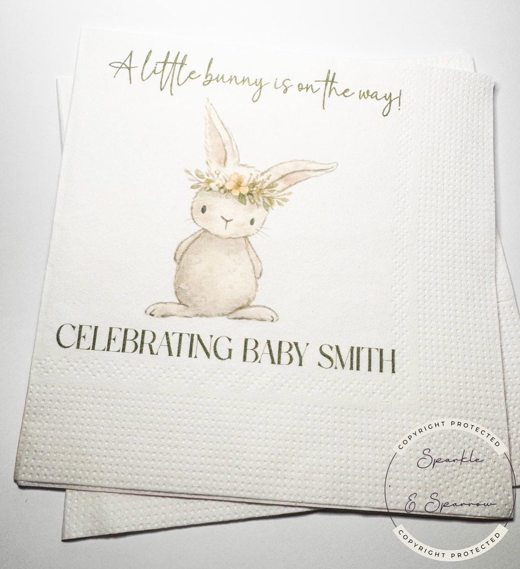 Bunny Baby Shower A Little Bunny is on the Way Spring Baby Shower Neutral Personalized Baby Cocktail, Luncheon or Dinner Napkins Set of 25