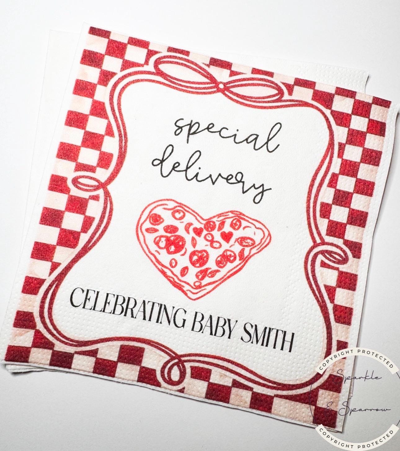 Special Delivery Slice Slice Baby Ciao Baby Red Pizza Baby Shower Red Bow Personalized Baby Cocktail, Luncheon or Dinner Napkins Set of 25