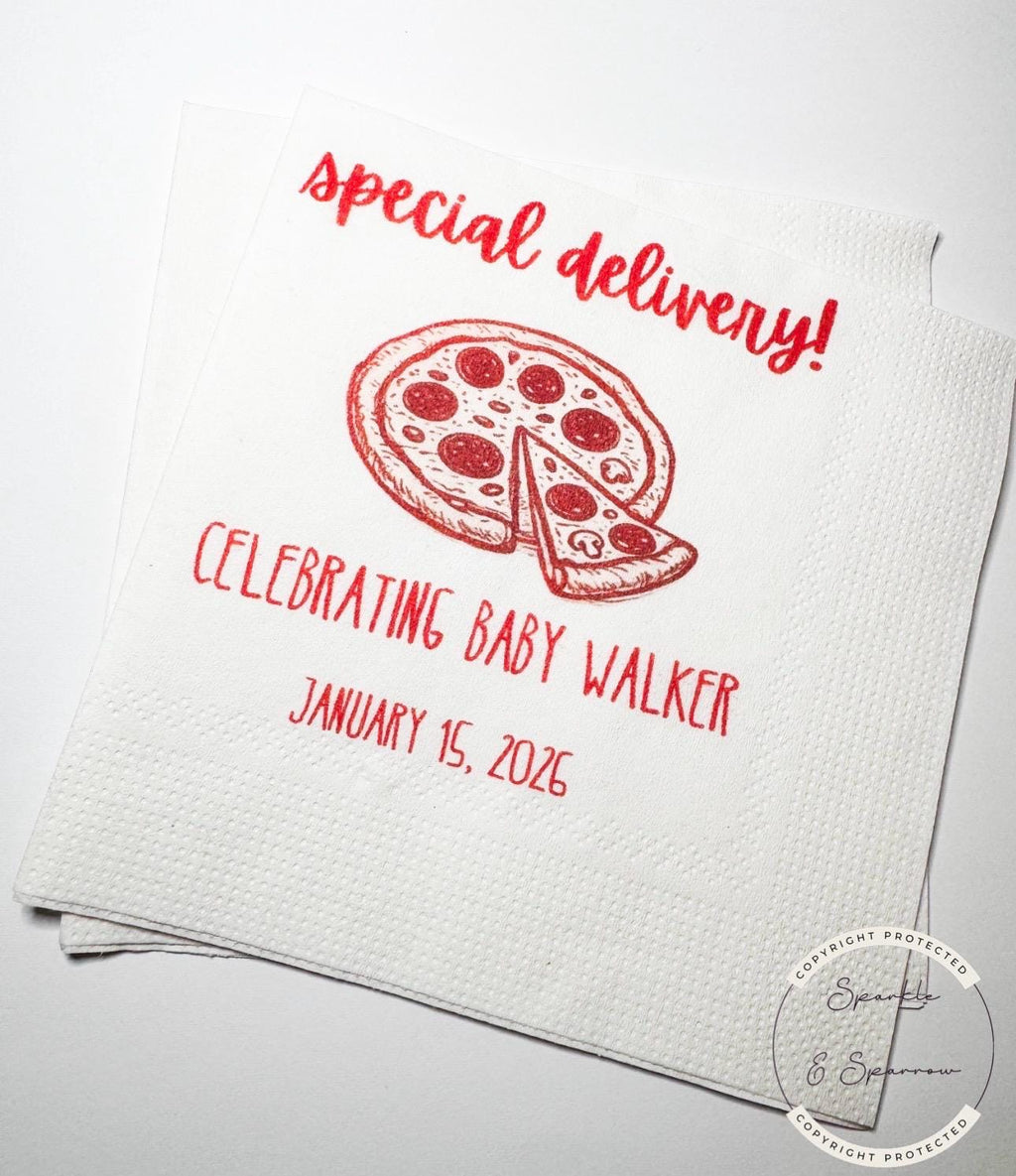 Special Delivery Slice Slice Baby Ciao Baby Red Pizza Baby Shower Red Bow Personalized Baby Cocktail, Luncheon or Dinner Napkins Set of 25