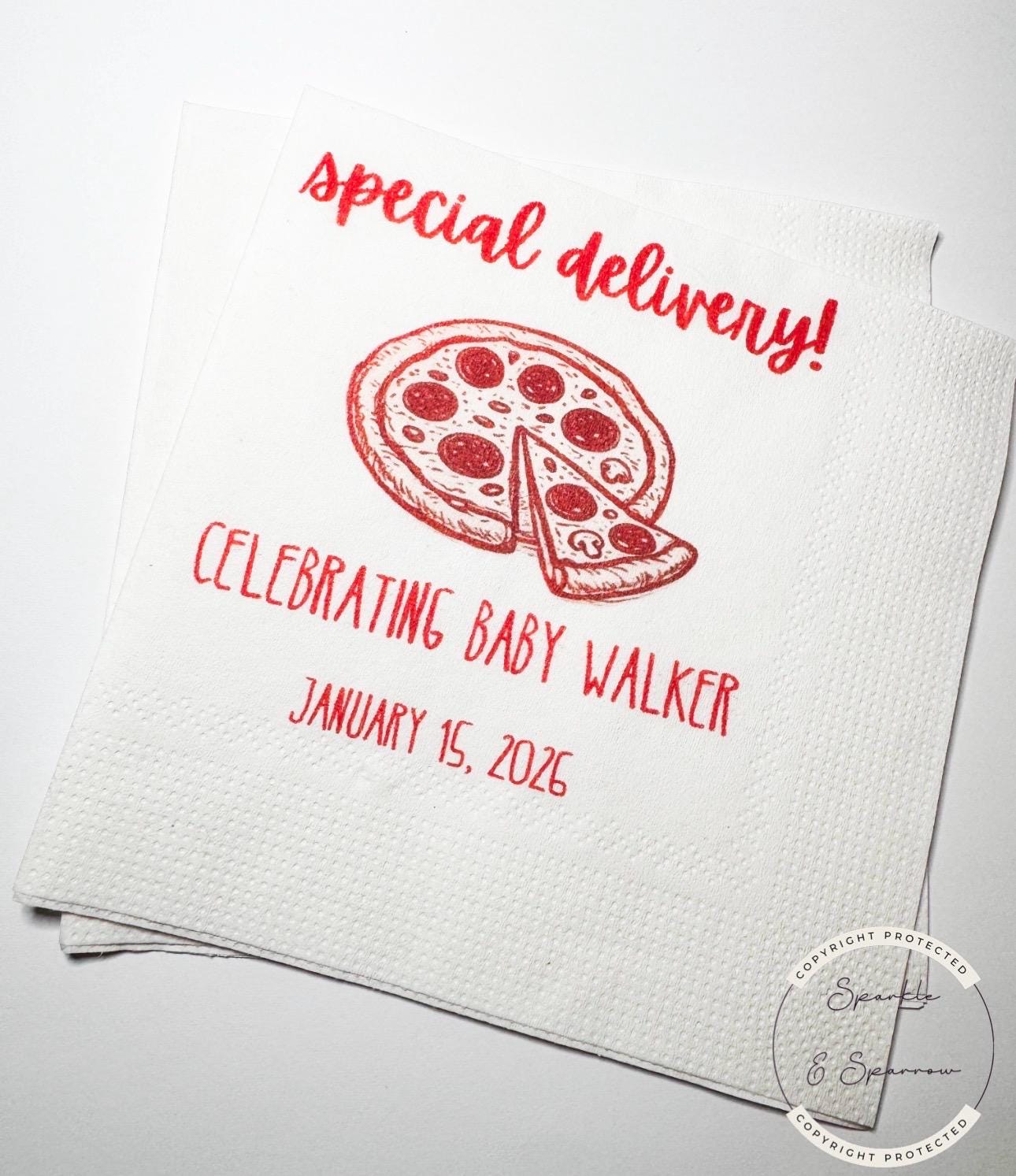 Special Delivery Slice Slice Baby Ciao Baby Red Pizza Baby Shower Red Bow Personalized Baby Cocktail, Luncheon or Dinner Napkins Set of 25