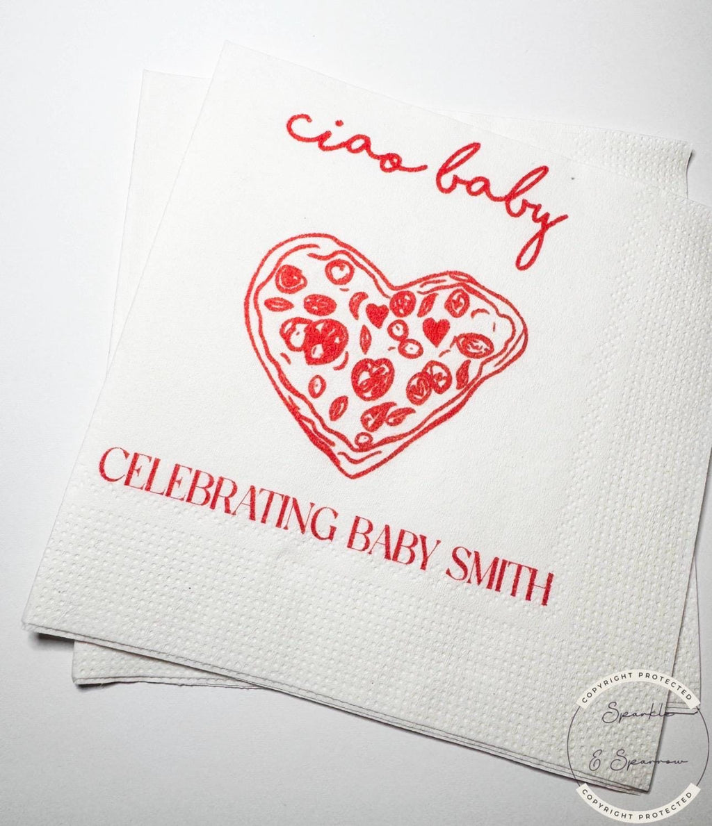 Ciao Baby Red Pizza Baby Shower Ciao Bambino Slice Slice Baby Shower Italian Personalized Cocktail, Luncheon or Dinner Napkins Set of 25