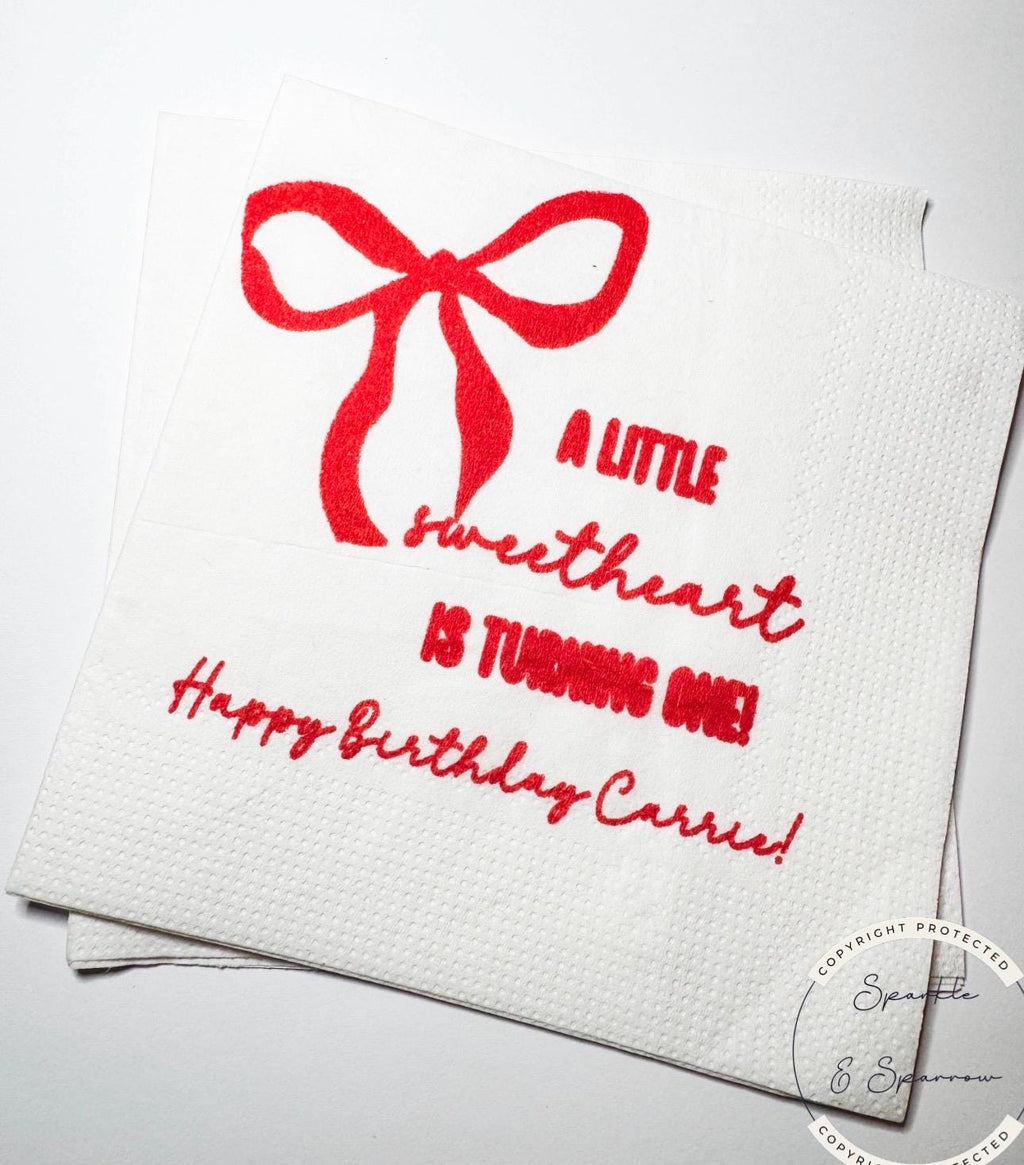 Our Little Sweetheart is One First Birthday Valentine 1st Birthday Pink Red Bow Personalized Cocktail, Luncheon or Dinner Napkins, Set of 25