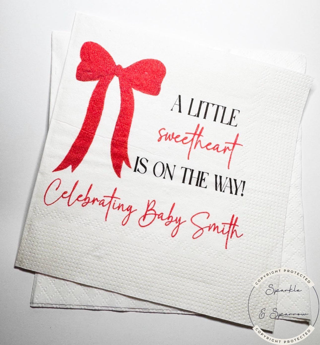 A Little Sweetheart is on The Way Baby Shower Heart Red Bow Valentines Red Bow Personalized Cocktail, Luncheon or Dinner Napkins Set of 25
