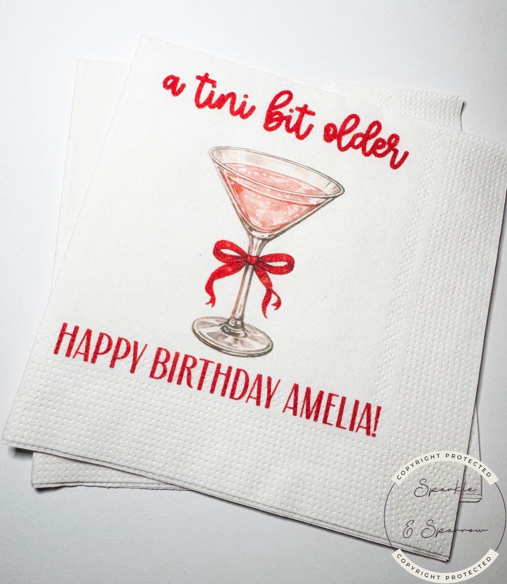 A Tini Bit Older Martini Red Bow Birthday Party Red Bow Valentine Birthday Personalized Cocktail, Luncheon or Dinner Napkins Set of 25