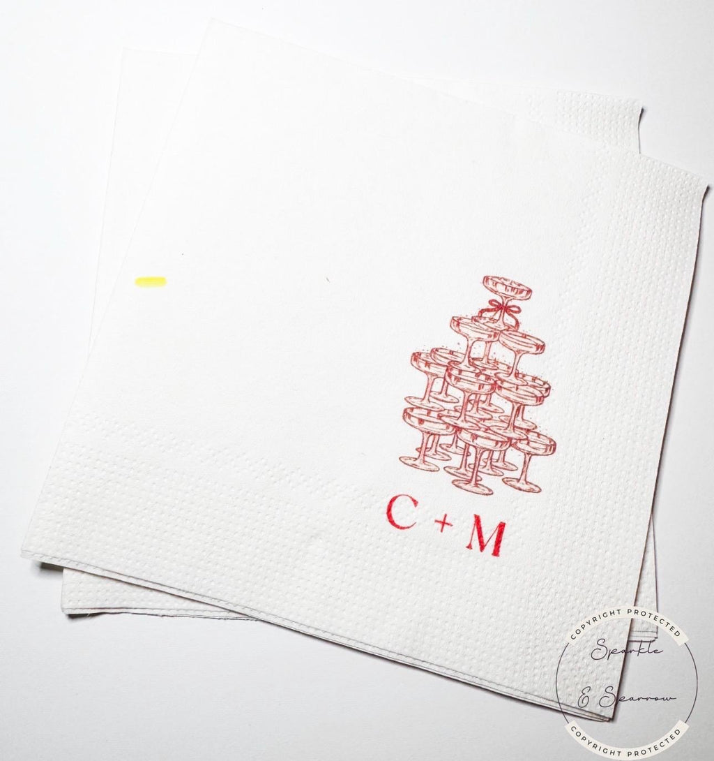 Champagne Tower Wedding Napkins Personalized Champagne Tower Bridal Shower Wedding Reception  Cocktail, Luncheon or Dinner Napkins Set of 25