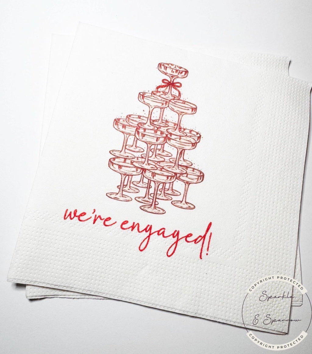 Champagne Tower We're Engaged Engagement Party Napkins Red Bow Champagne Tower Reception  Cocktail, Luncheon or Dinner Napkins Set of 25