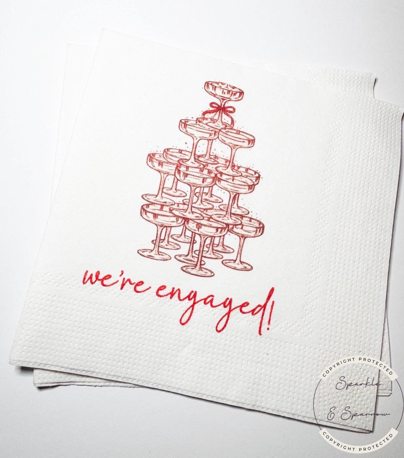 Champagne Tower We're Engaged Engagement Party Napkins Red Bow Champagne Tower Reception  Cocktail, Luncheon or Dinner Napkins Set of 25