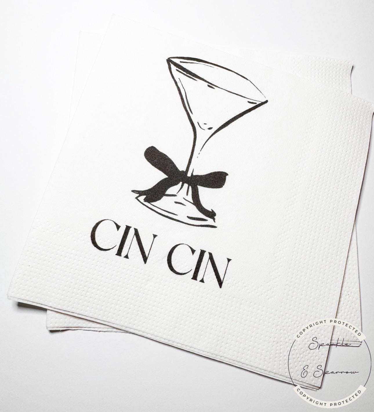 Cin Cin Black Bow Martini Engagement Wedding Birthday Engagement Party Cocktail Party Cocktail, Luncheon or Dinner Napkins Set of 25