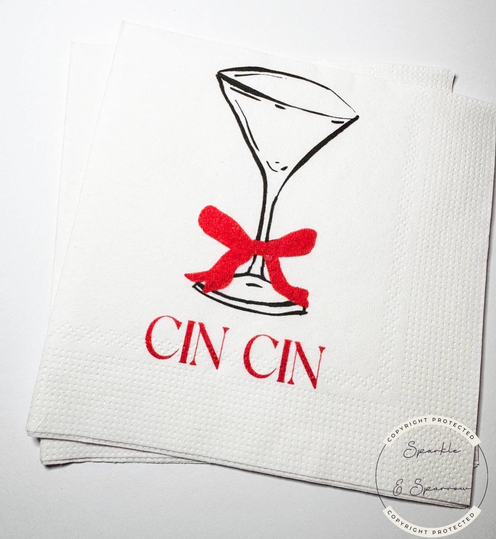 Cin Cin Red Bow Martini Engagement Wedding Birthday Engagement Party Cocktail Party Cocktail, Luncheon or Dinner Napkins Set of 25