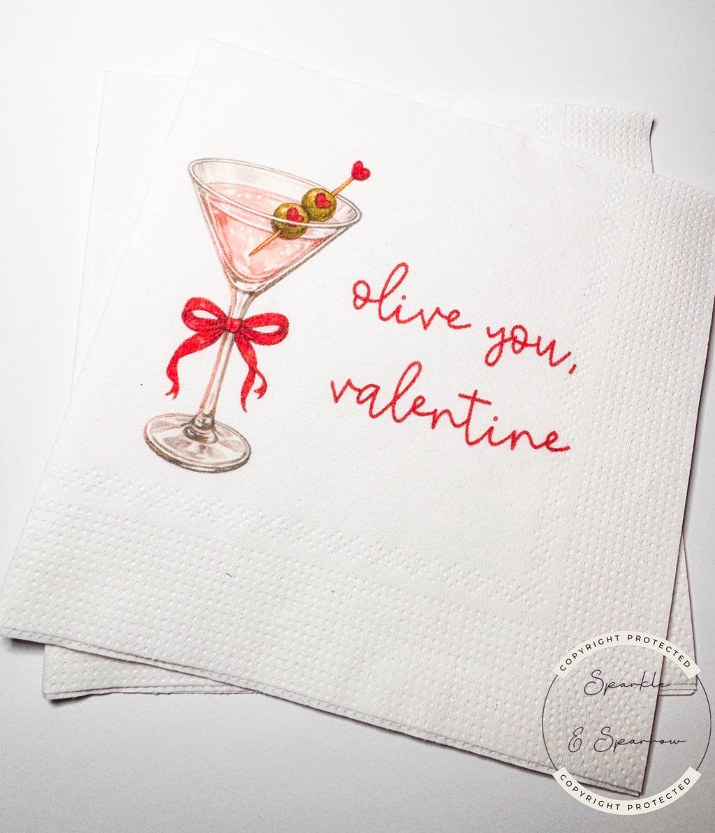 Olive You Valentine Red Bow Martini Galentines Day Favorite Things Party Olive Martini party Cocktail, Luncheon or Dinner Napkins, Set of 25