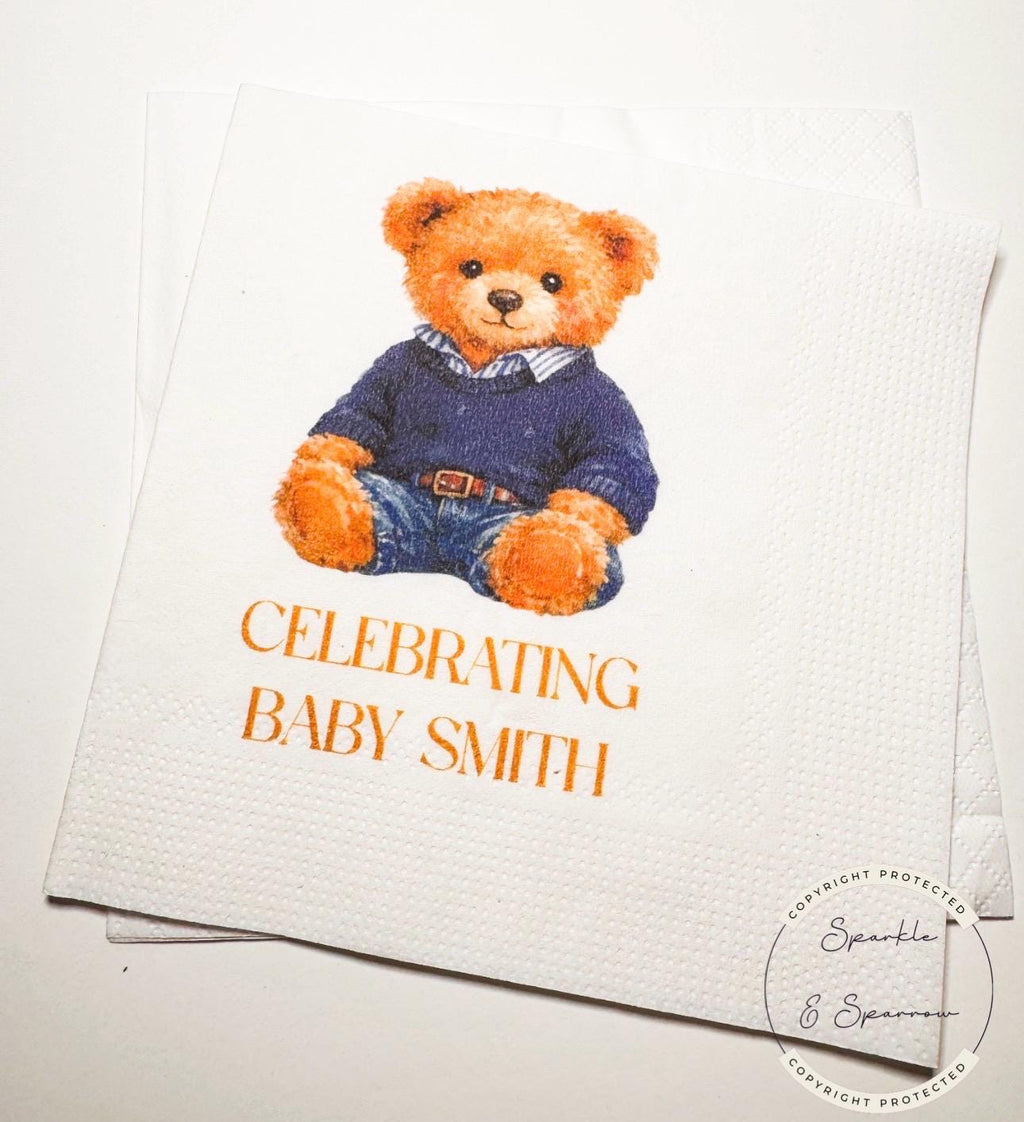 Teddy Bear Baby Shower We can Bearly Wait Shower Preppy Bear Sweater Bear Personalized Bear Cocktail, Luncheon or Dinner Napkins Set of 25
