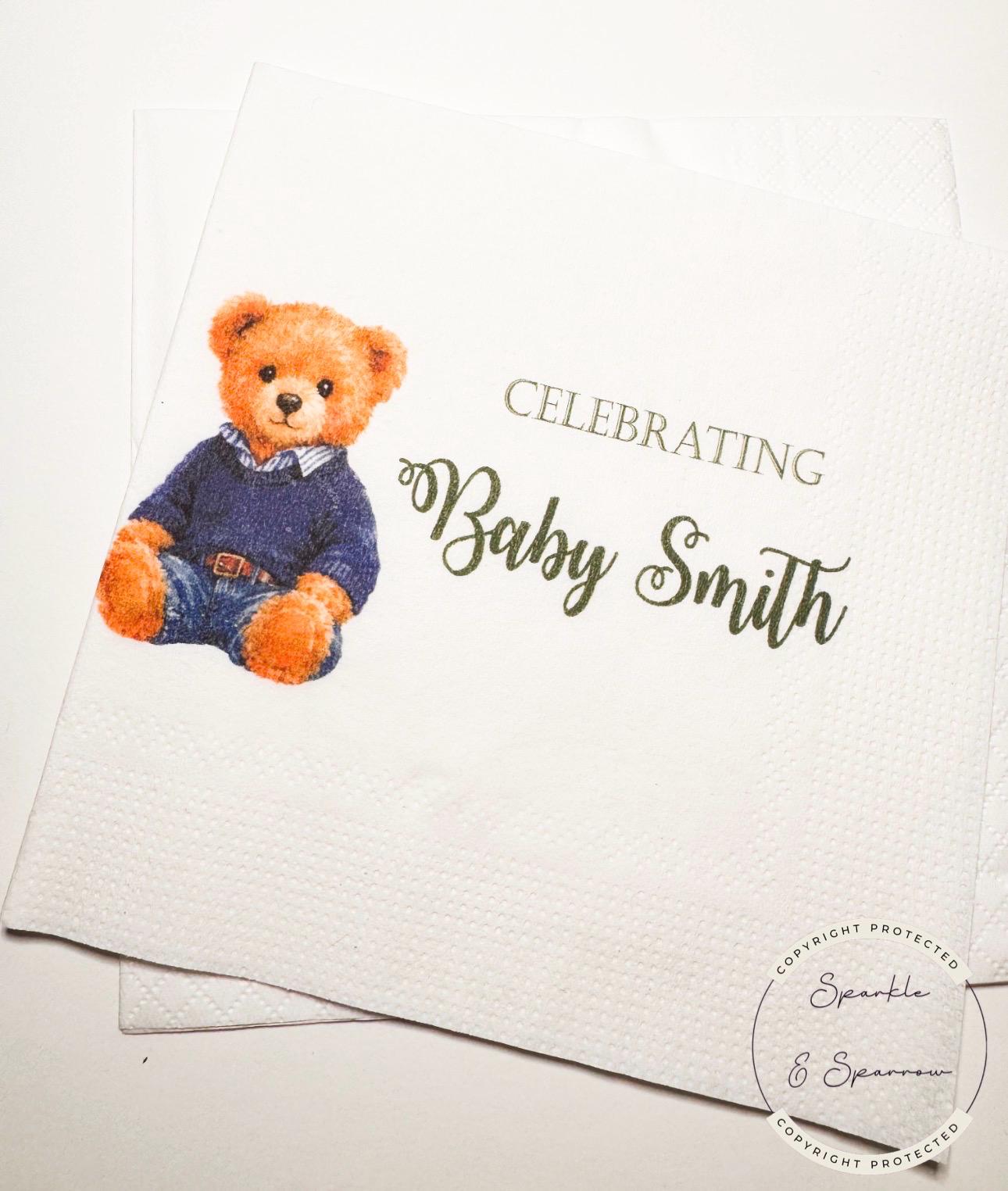 Teddy Bear Baby Shower We can Bearly Wait Shower Preppy Bear Sweater Bear Personalized Bear Cocktail, Luncheon or Dinner Napkins Set of 25