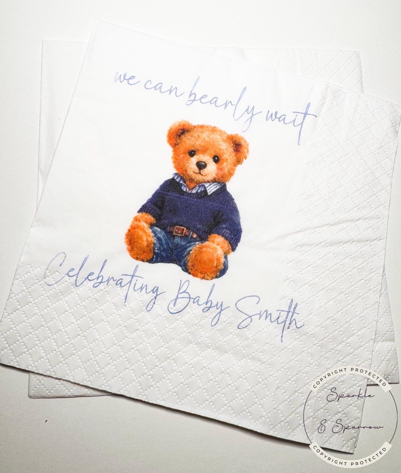 Teddy Bear Baby Shower We can Bearly Wait Shower Preppy Bear Sweater Bear Personalized Bear Cocktail, Luncheon or Dinner Napkins Set of 25