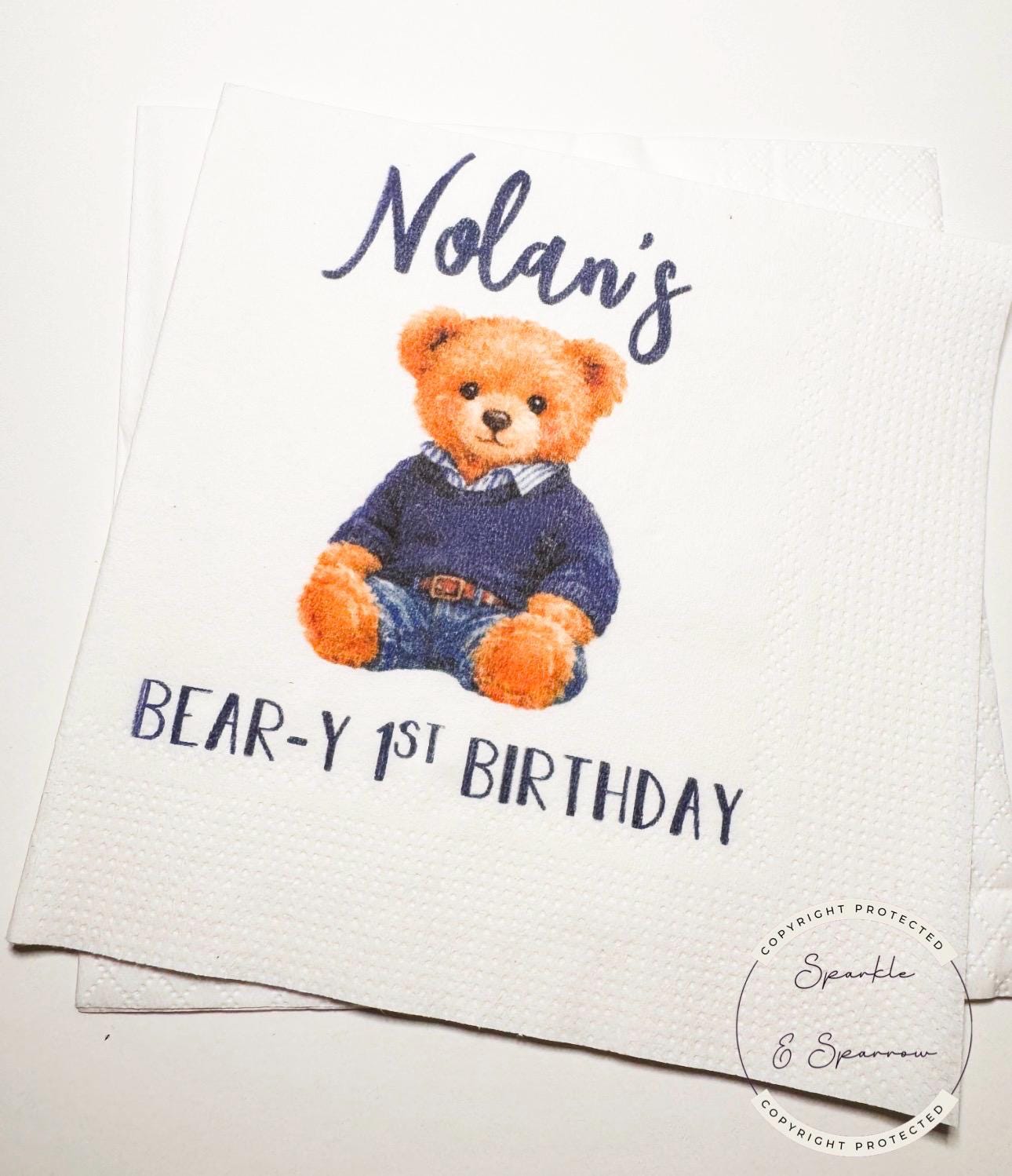 Teddy Bear Birthday Beary 1st Birthday First Birthday American Bear Preppy Bear Personalized Cocktail, Luncheon or Dinner Napkins Set of 25