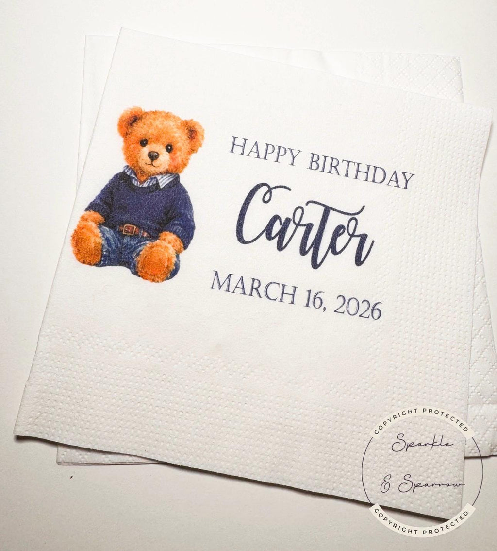 Teddy Bear Birthday Beary Birthday First Birthday American Bear Preppy Bear Personalized Cocktail, Luncheon or Dinner Napkins Set of 25