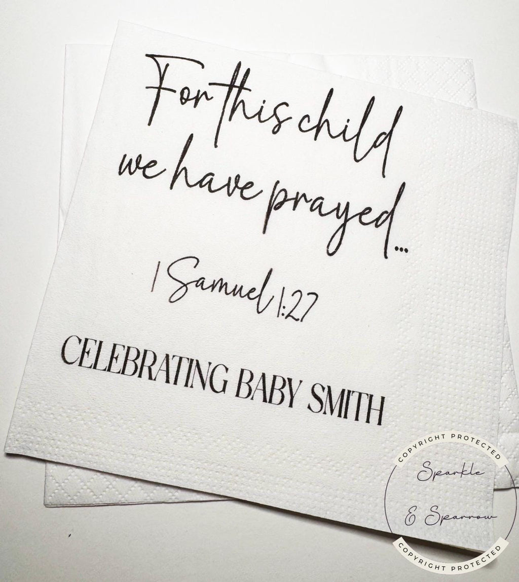For This Child We Have Prayed Baby Shower Rainbow Baby Gender Reveal Christian Personalized Cocktail, Luncheon or Dinner Napkins Set of 25