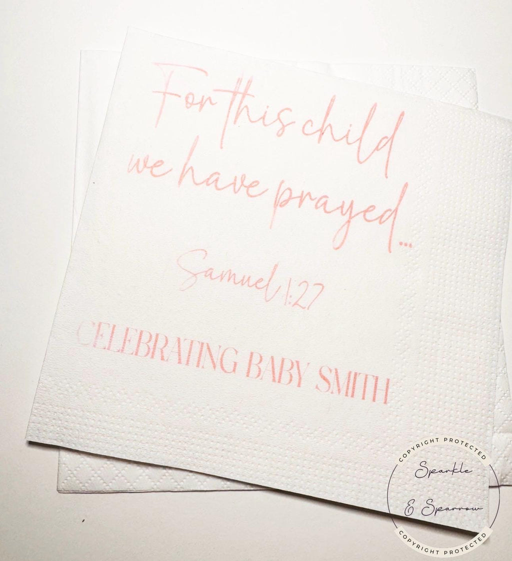 For This Child We Have Prayed Baby Shower Rainbow Baby Gender Reveal Christian Personalized Cocktail, Luncheon or Dinner Napkins Set of 25