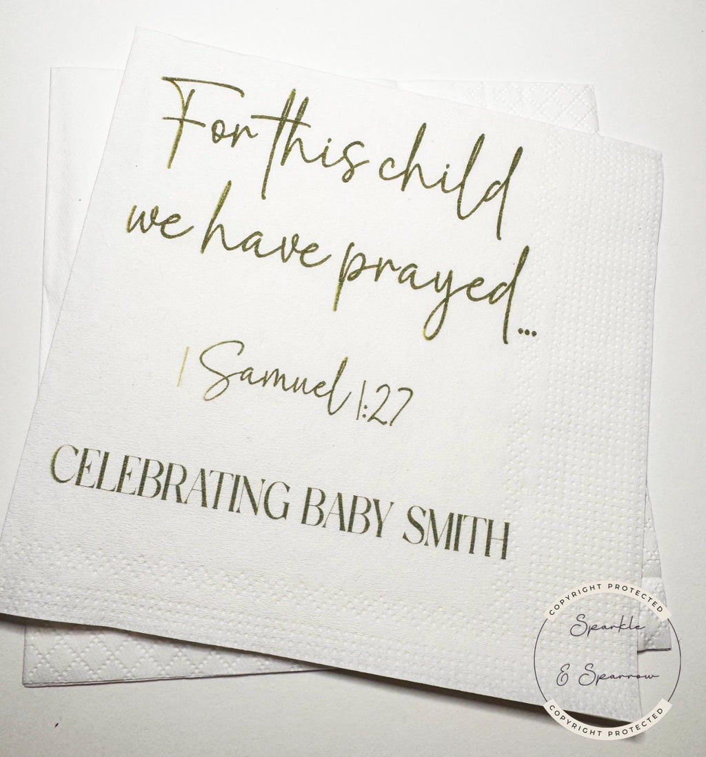 For This Child We Have Prayed Baby Shower Rainbow Baby Gender Reveal Christian Personalized Cocktail, Luncheon or Dinner Napkins Set of 25