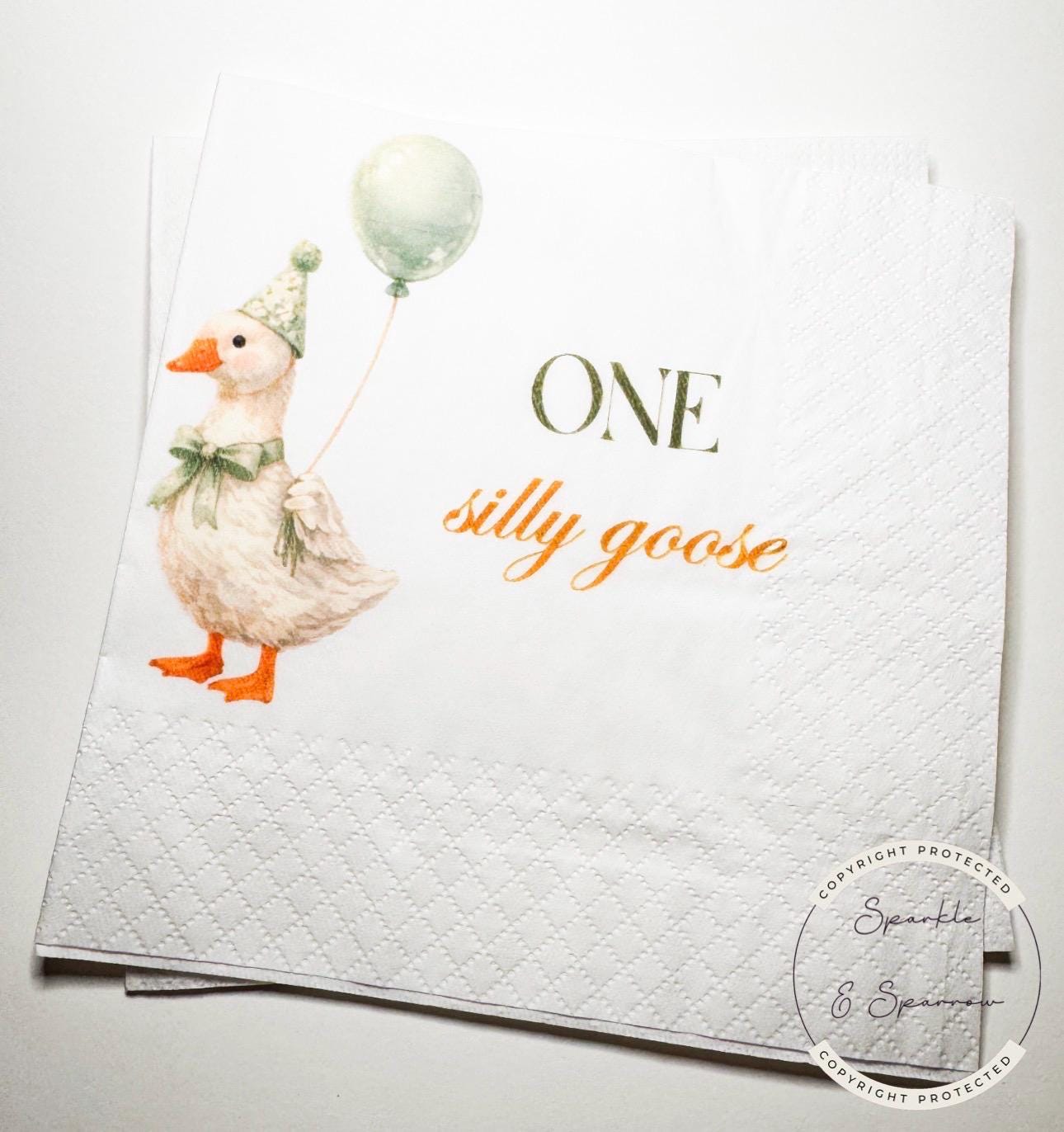One Silly Goose 1st Birthday Sage Green Boy First Birthday Goose Preppy Goose Birthday Party  Cocktail, Luncheon or Dinner Napkins Set of 25