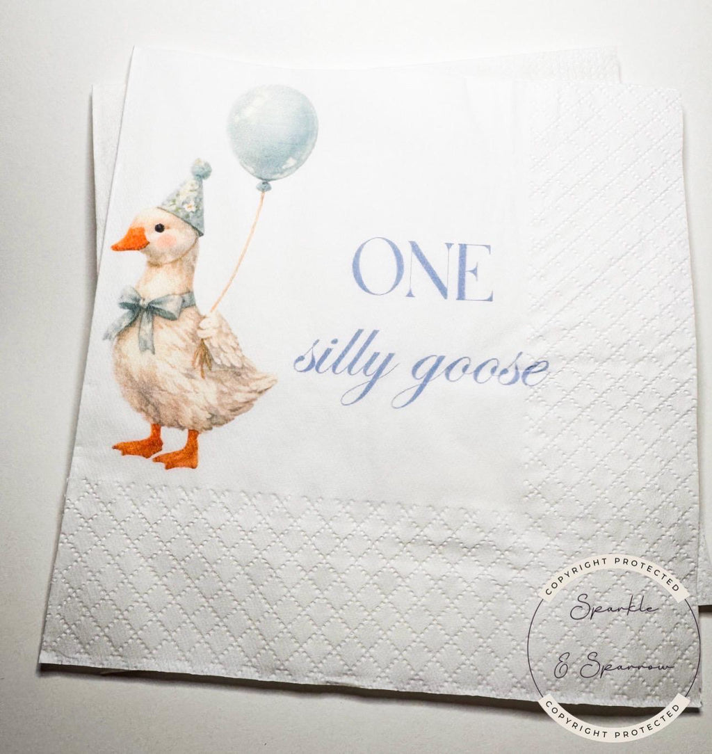 One Silly Goose 1st Birthday Blue Boy First Birthday Goose Preppy Goose Birthday Party  Cocktail, Luncheon or Dinner Napkins Set of 25