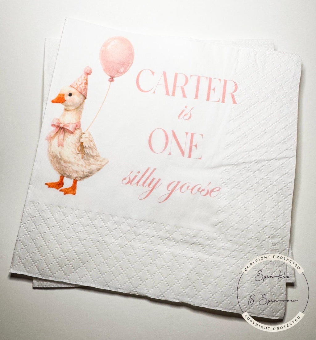 One Silly Goose 1st Birthday First Birthday Pink Goose Preppy Birthday Party Personalized Cocktail, Luncheon or Dinner Napkins Set of 25