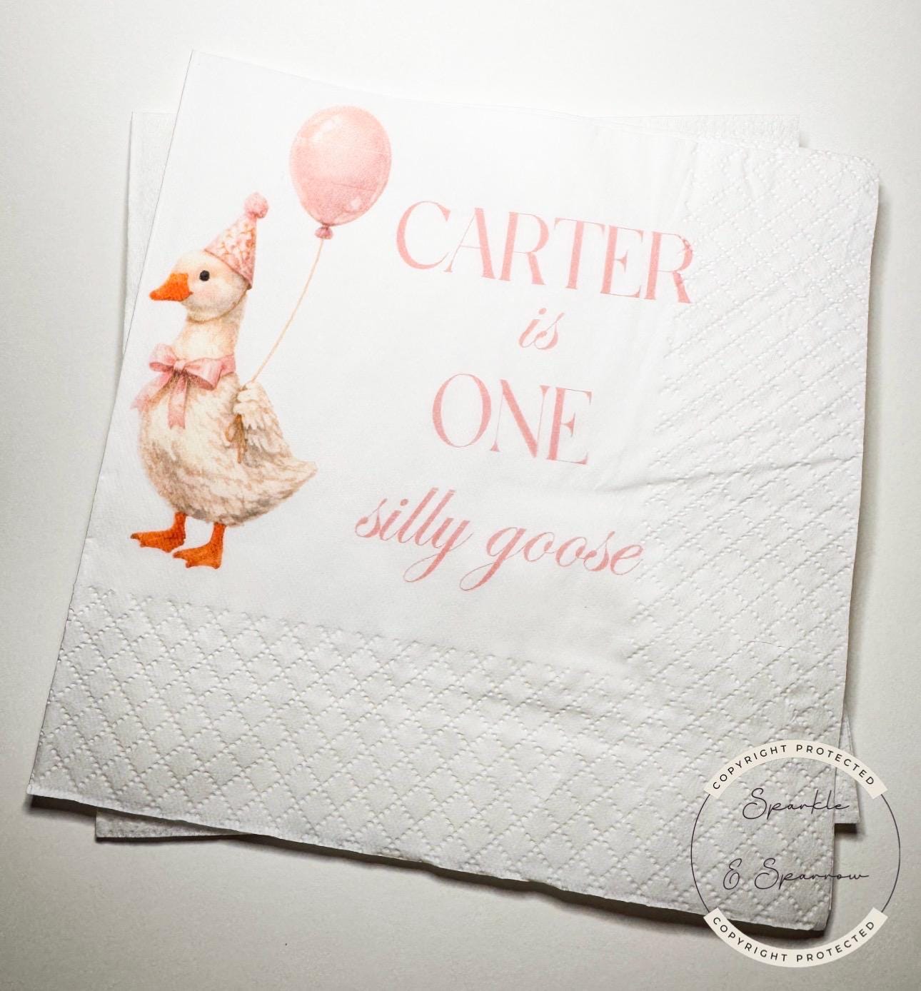 One Silly Goose 1st Birthday First Birthday Pink Goose Preppy Birthday Party Personalized Cocktail, Luncheon or Dinner Napkins Set of 25