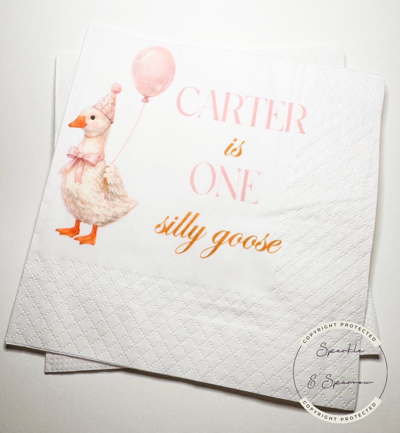 One Silly Goose 1st Birthday First Birthday Pink Goose Preppy Birthday Party Personalized Cocktail, Luncheon or Dinner Napkins Set of 25
