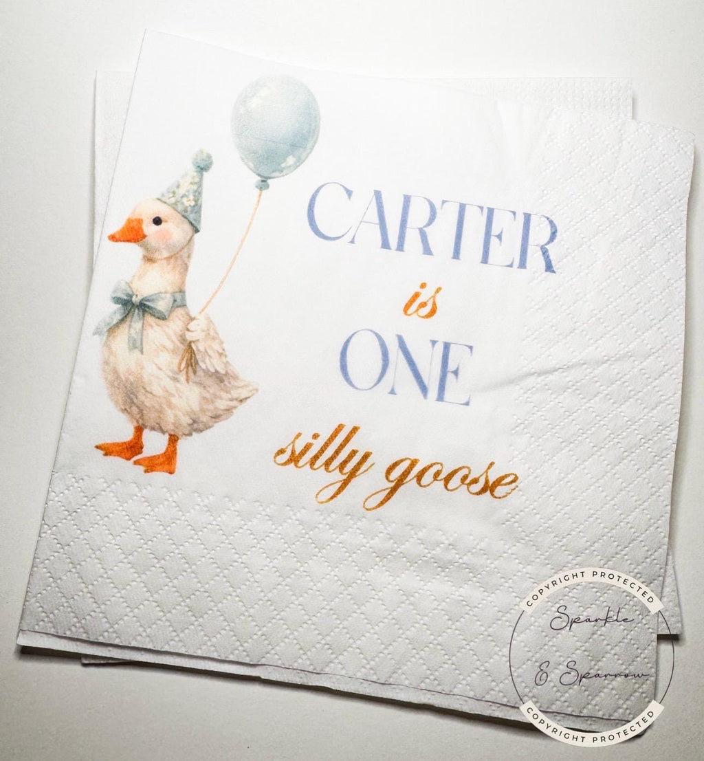 One Silly Goose 1st Birthday First Birthday Blue Goose Preppy Birthday Party Personalized Cocktail, Luncheon or Dinner Napkins Set of 25