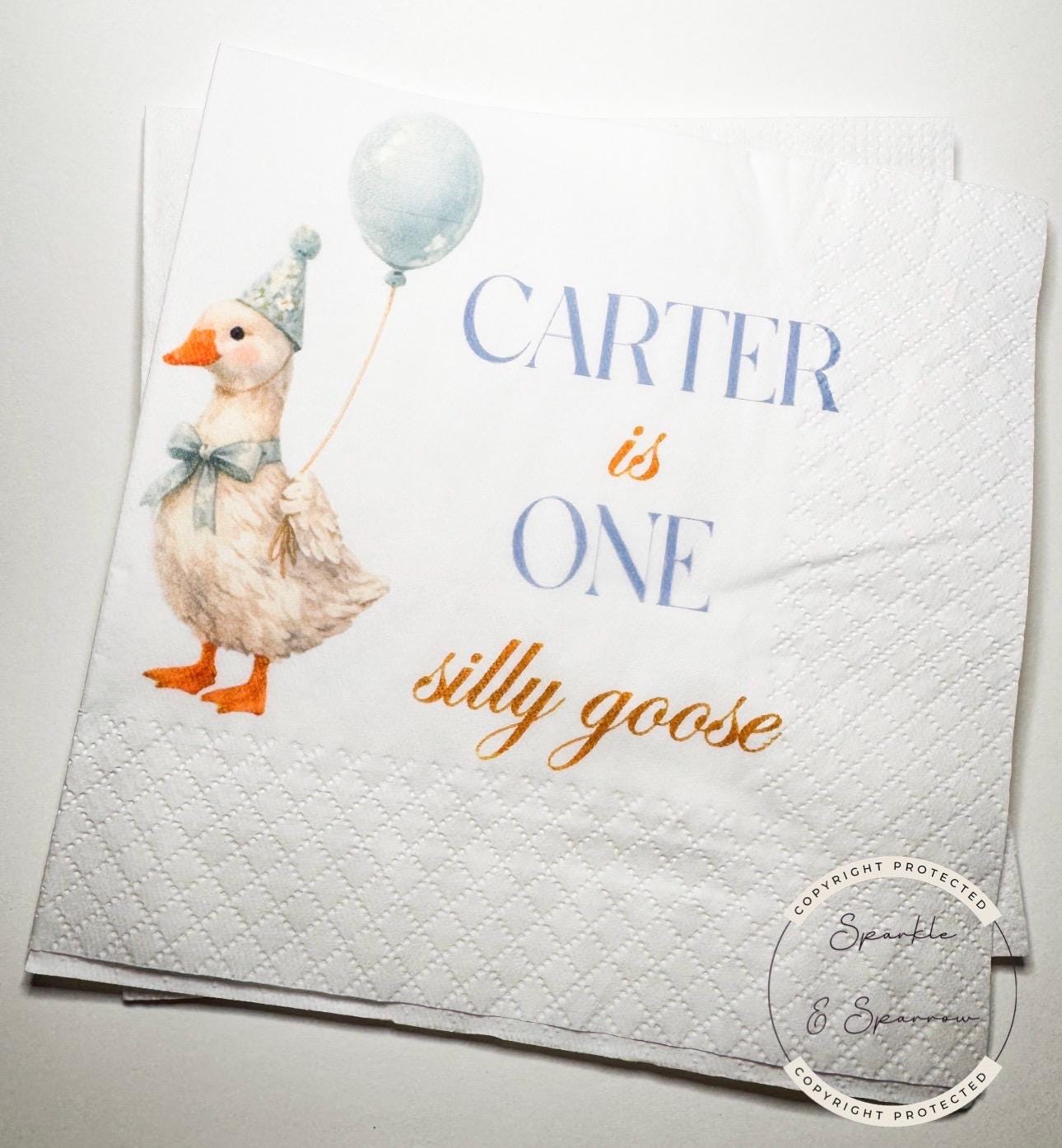 One Silly Goose 1st Birthday First Birthday Blue Goose Preppy Birthday Party Personalized Cocktail, Luncheon or Dinner Napkins Set of 25