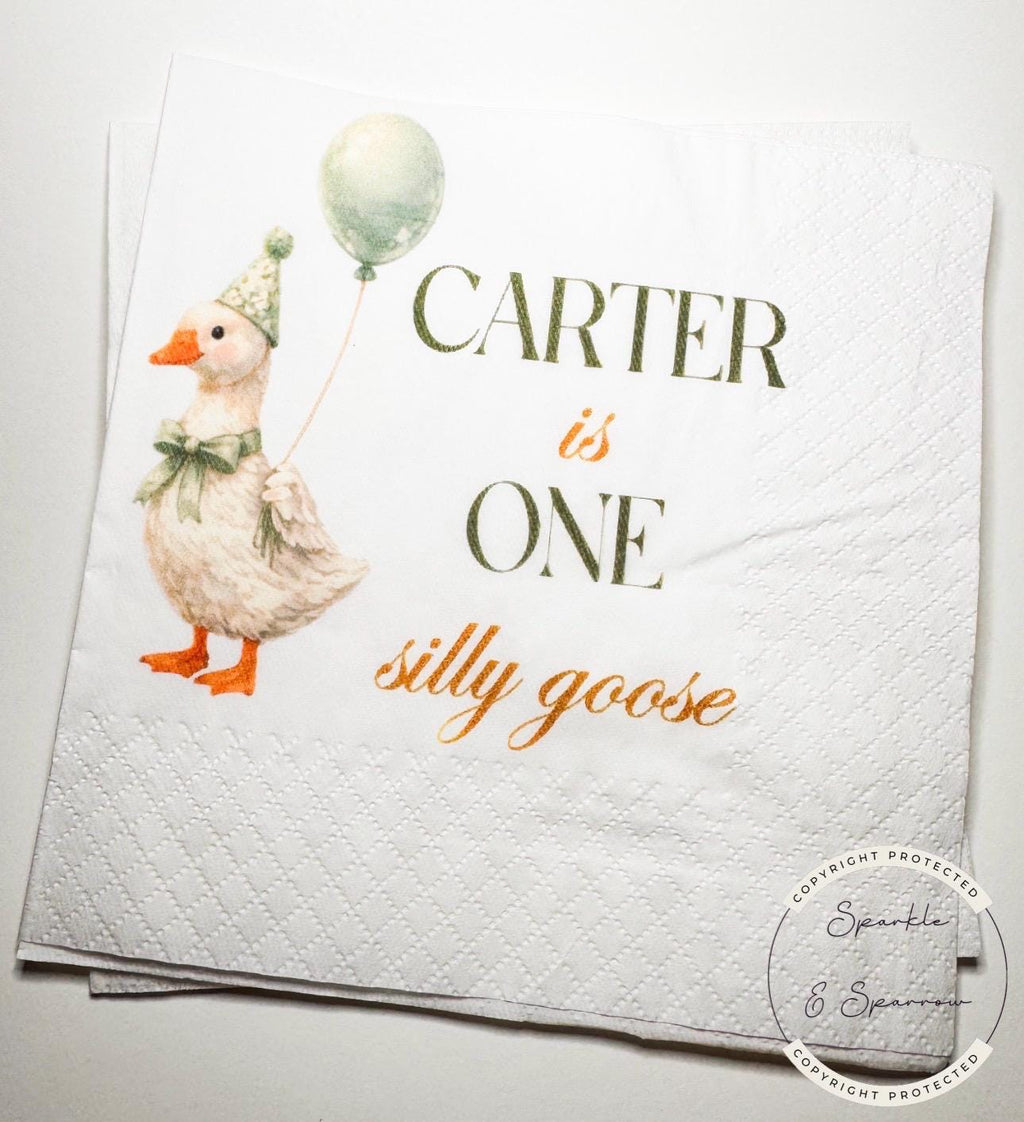 One Silly Goose 1st Birthday First Birthday Green Goose Preppy Birthday Party Personalized Cocktail, Luncheon or Dinner Napkins Set of 25