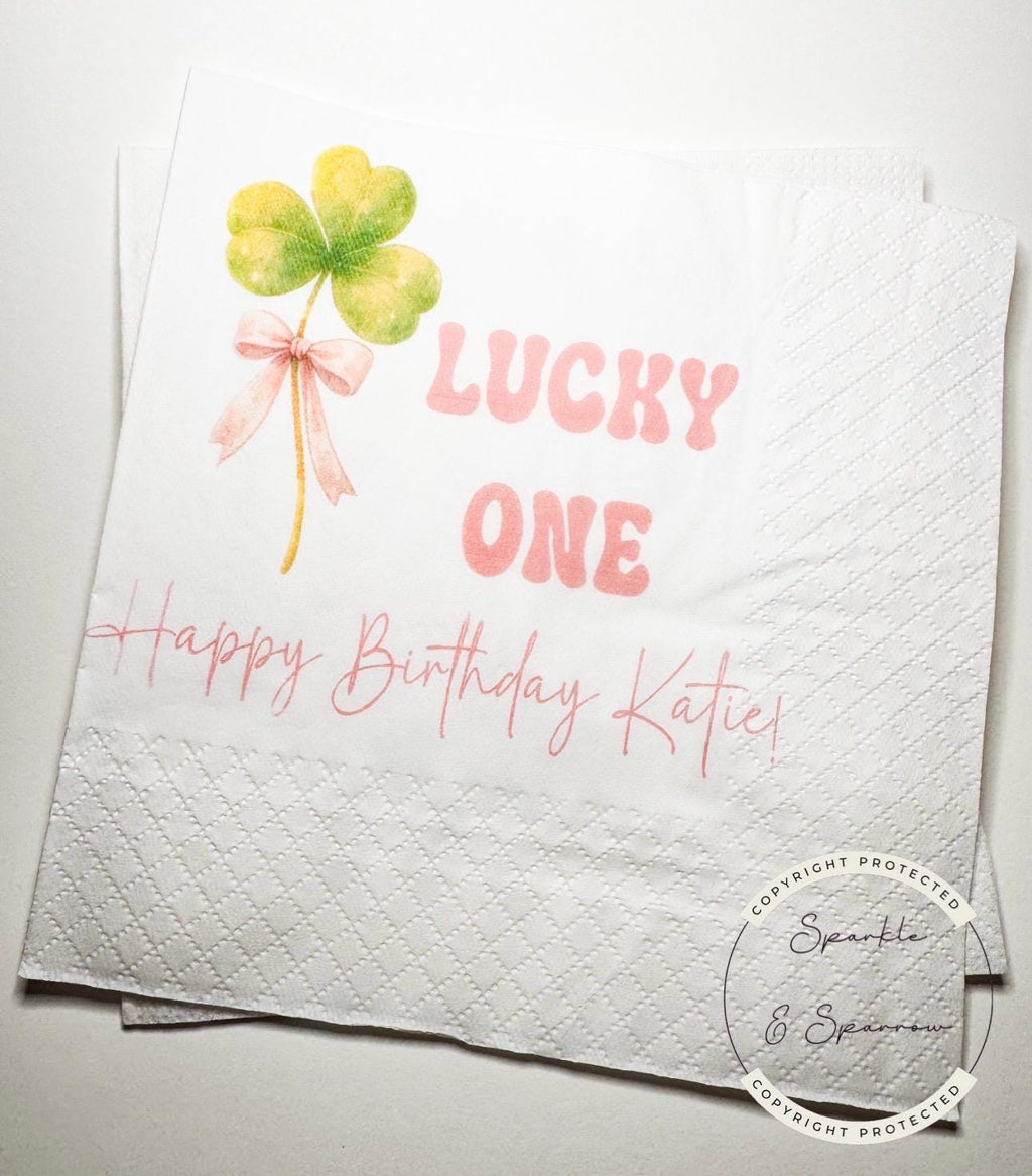 Lucky One Pink Bow Shamrock Birthday Party St. Patrick's Day Birthday Party Personalized Cocktail, Lunch or Dinner Napkins, Set of 25