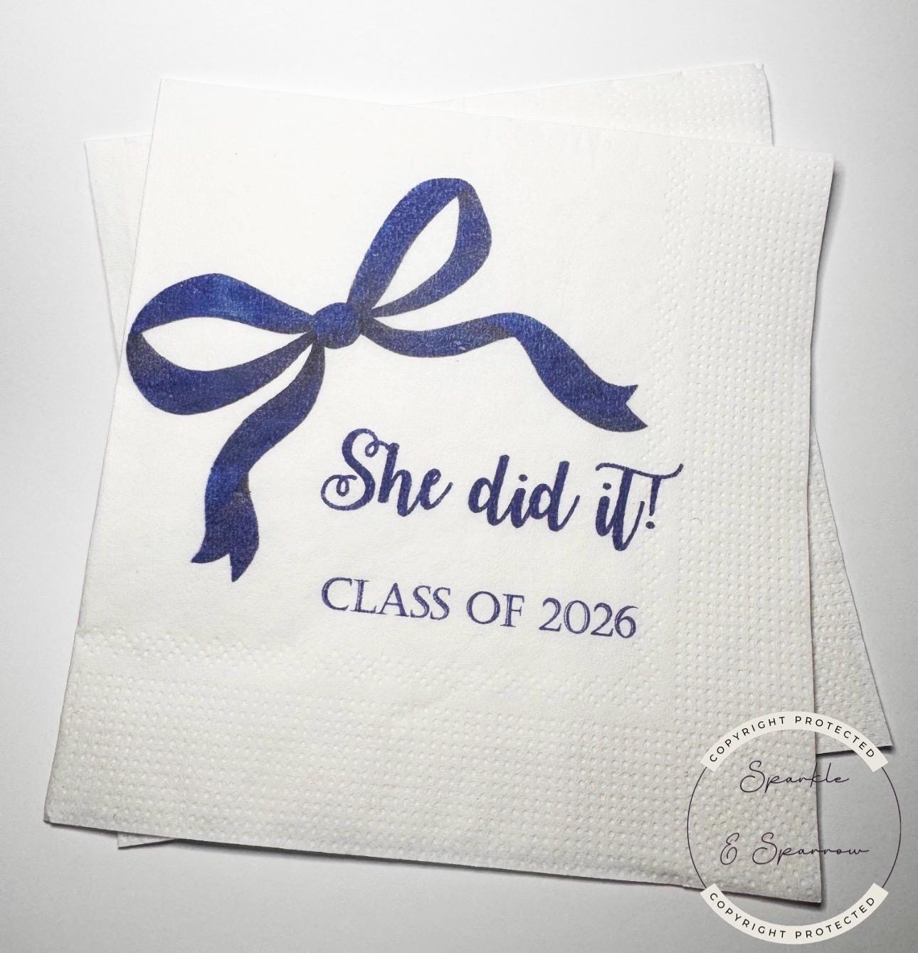 Blue Bow Graduation Party Class of 2026 She Did It Graduation Party Navy Blue Bow Graduation Cocktail, Luncheon or Dinner Napkins Set of 25