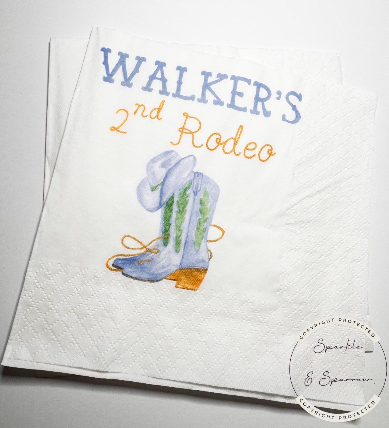 Second Rodeo Western Birthday Cowboy Theme 2nd Rodeo Birthday Blue Boot Personalized Cocktail, Luncheon or Dinner Napkins Set of 25
