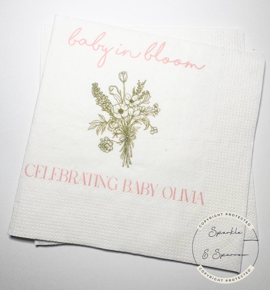 Baby in Bloom Spring Summer Baby Shower Wildflower Personalized Cocktail, Luncheon or Dinner Napkins Set of 25