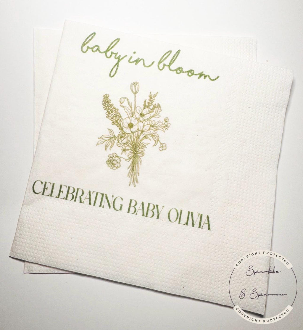 Baby in Bloom Spring Summer Baby Shower Wildflower Personalized Cocktail, Luncheon or Dinner Napkins Set of 25