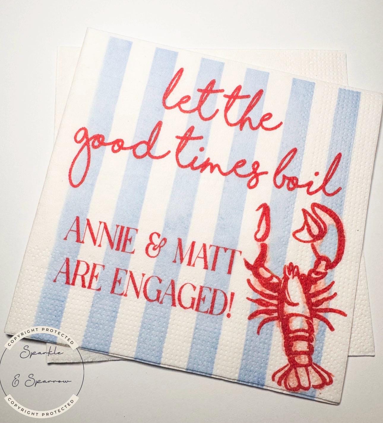 Let the Good Times Boil Crawfish Boil Engagement Party Pinch Us We're Engaged Personalized Cocktail, Luncheon or Dinner Napkins Set of 25