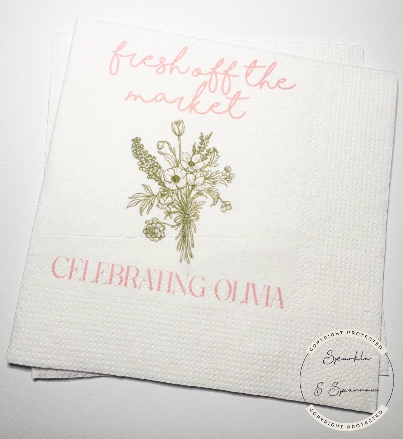 Fresh Off The Market Bridal Shower Spring Floral Summer Bridal Shower Flower Personalized Cocktail, Luncheon or Dinner Napkins Set of 25