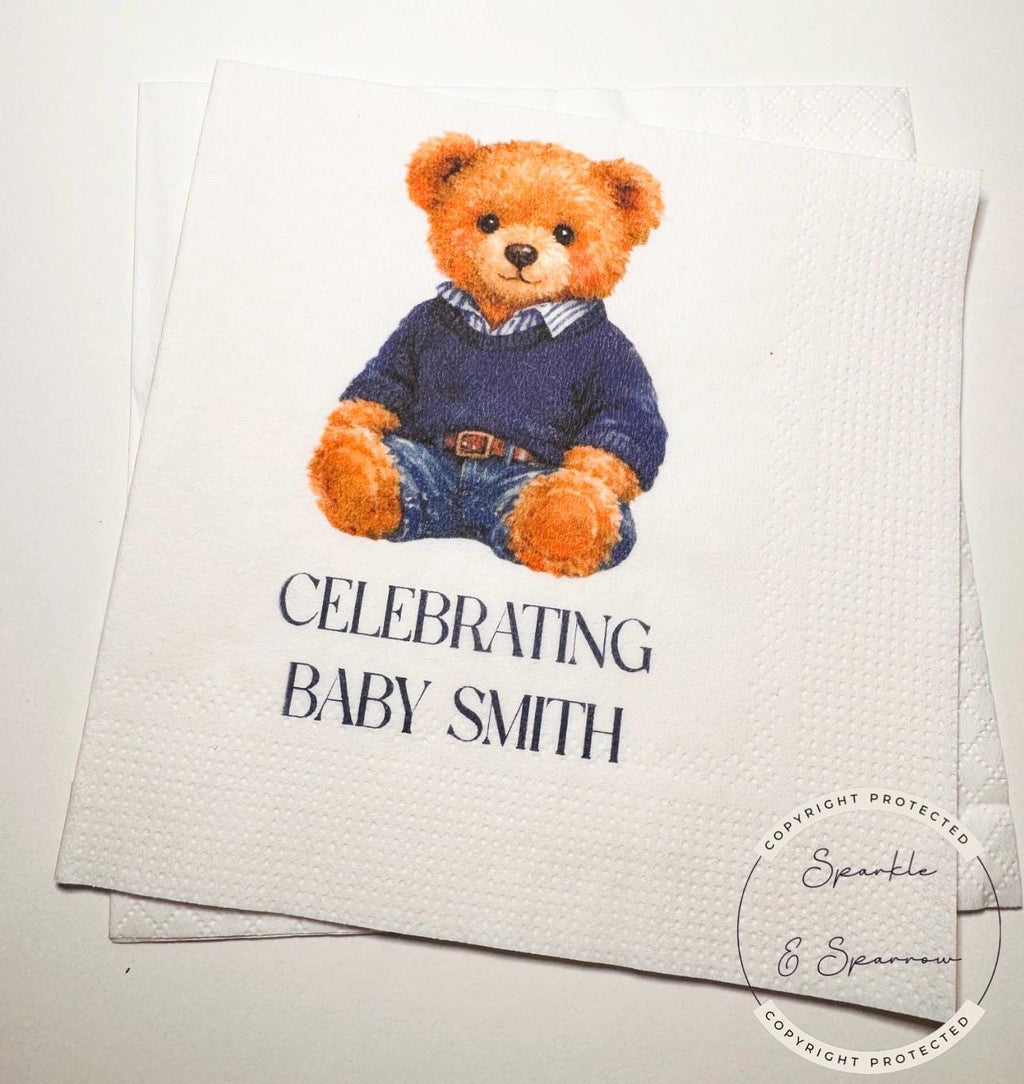 Teddy Bear Baby Shower We can Bearly Wait Shower Preppy Bear Sweater Bear Personalized Bear Cocktail, Luncheon or Dinner Napkins Set of 25