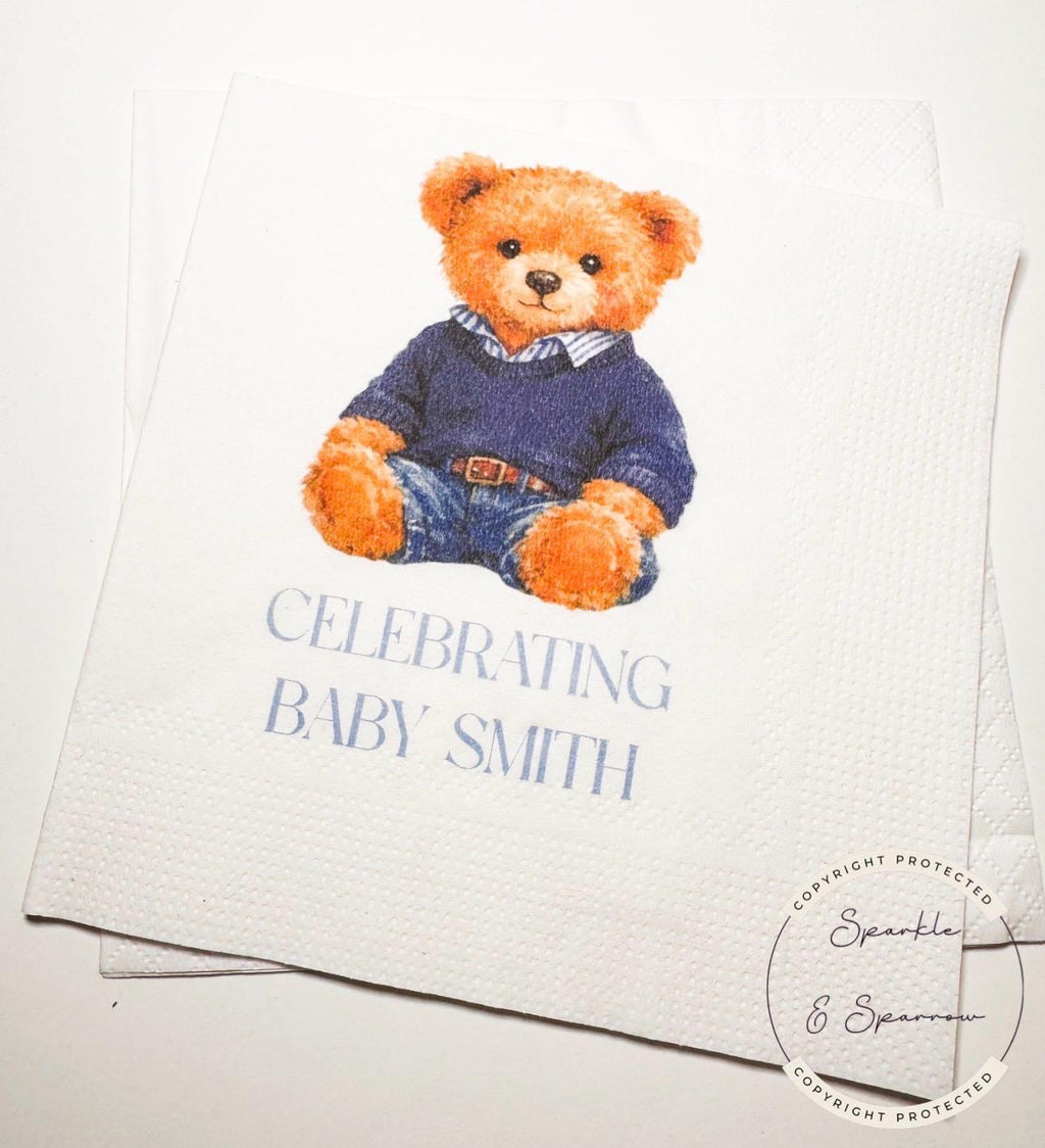 Teddy Bear Baby Shower We can Bearly Wait Shower Preppy Bear Sweater Bear Personalized Bear Cocktail, Luncheon or Dinner Napkins Set of 25