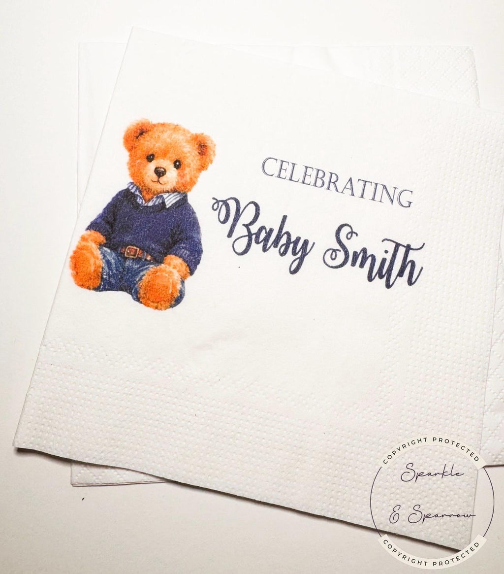 Teddy Bear Baby Shower We can Bearly Wait Shower Preppy Bear Sweater Bear Personalized Bear Cocktail, Luncheon or Dinner Napkins Set of 25