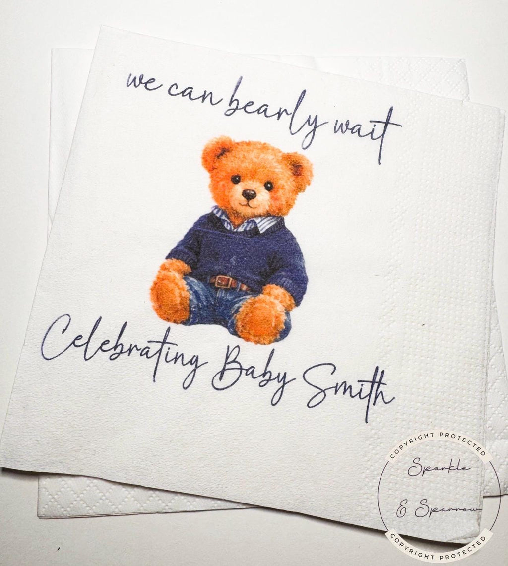 Teddy Bear Baby Shower We can Bearly Wait Shower Preppy Bear Sweater Bear Personalized Bear Cocktail, Luncheon or Dinner Napkins Set of 25
