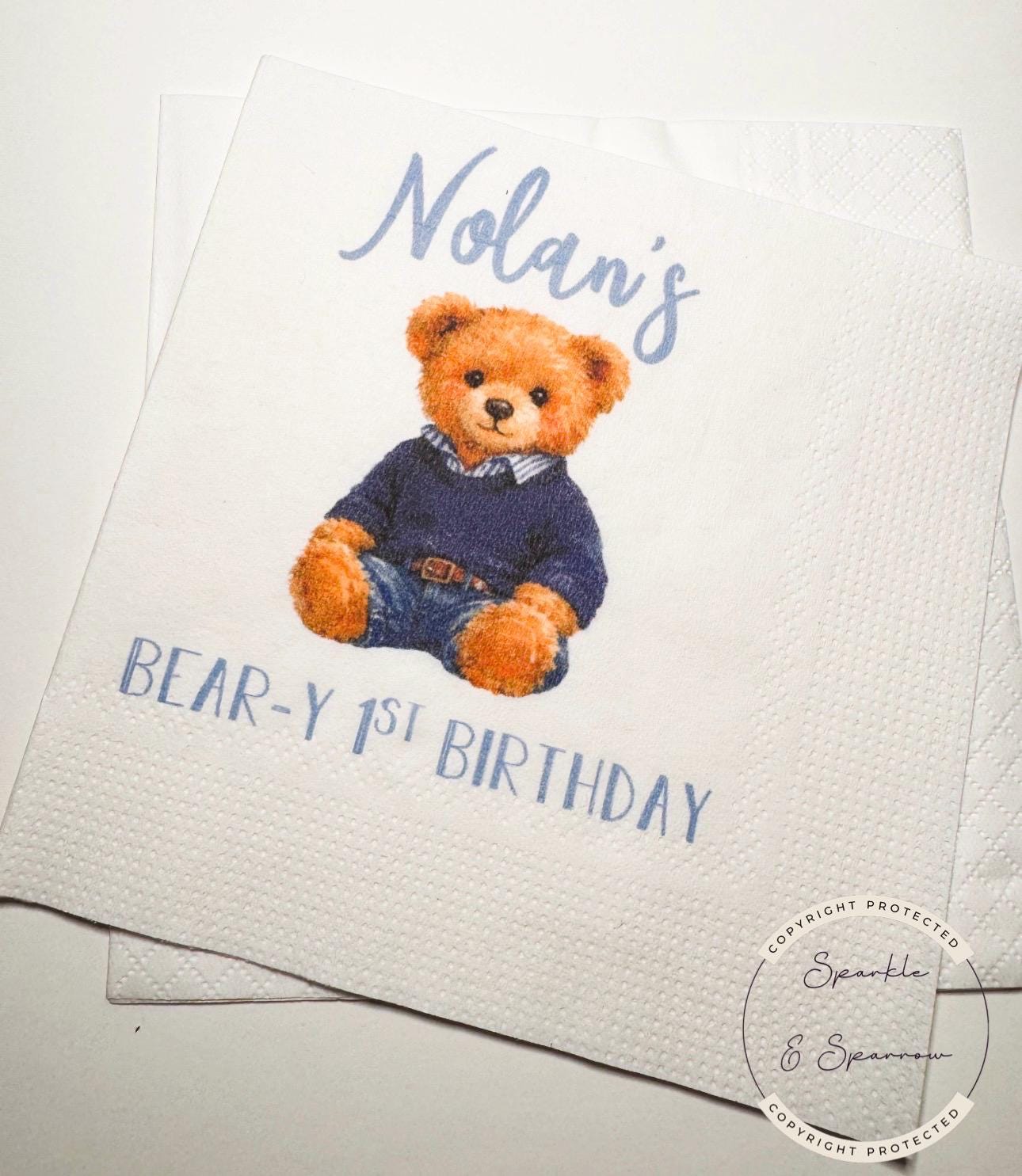Teddy Bear Birthday Beary 1st Birthday First Birthday American Bear Preppy Bear Personalized Cocktail, Luncheon or Dinner Napkins Set of 25