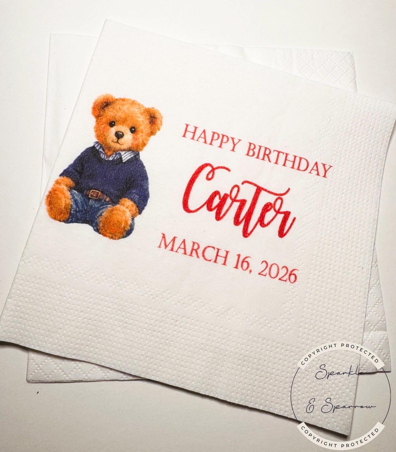Teddy Bear Birthday Beary Birthday First Birthday American Bear Preppy Bear Personalized Cocktail, Luncheon or Dinner Napkins Set of 25
