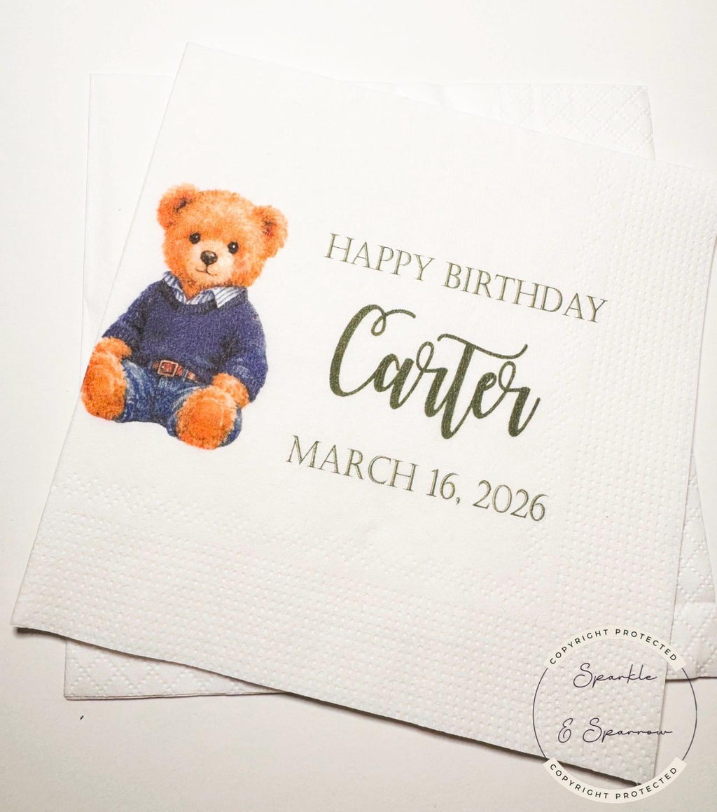 Teddy Bear Birthday Beary Birthday First Birthday American Bear Preppy Bear Personalized Cocktail, Luncheon or Dinner Napkins Set of 25