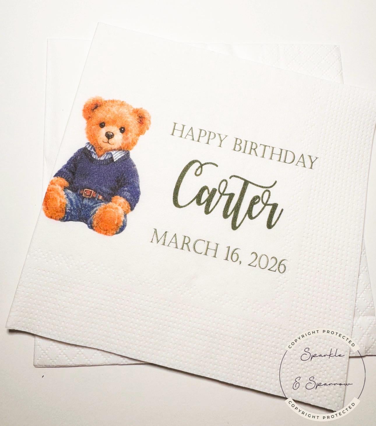 Teddy Bear Birthday Beary Birthday First Birthday American Bear Preppy Bear Personalized Cocktail, Luncheon or Dinner Napkins Set of 25