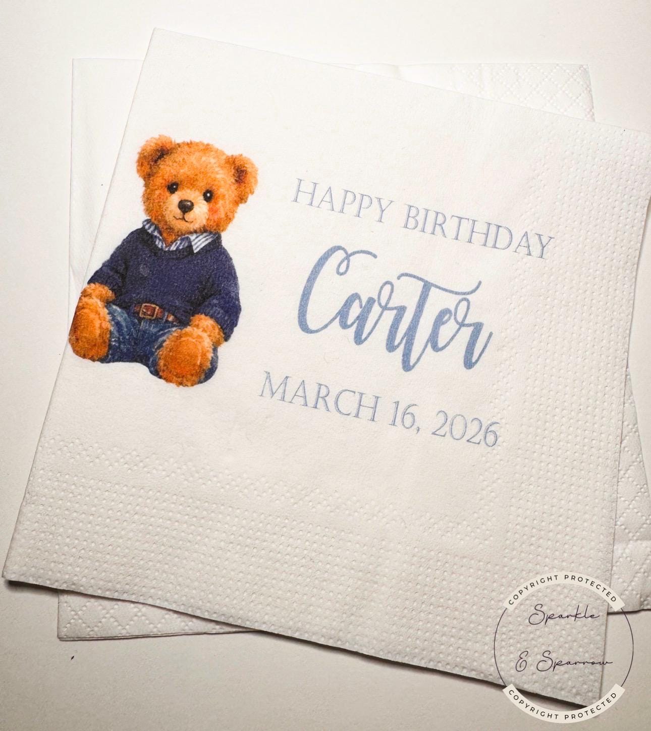 Teddy Bear Birthday Beary Birthday First Birthday American Bear Preppy Bear Personalized Cocktail, Luncheon or Dinner Napkins Set of 25