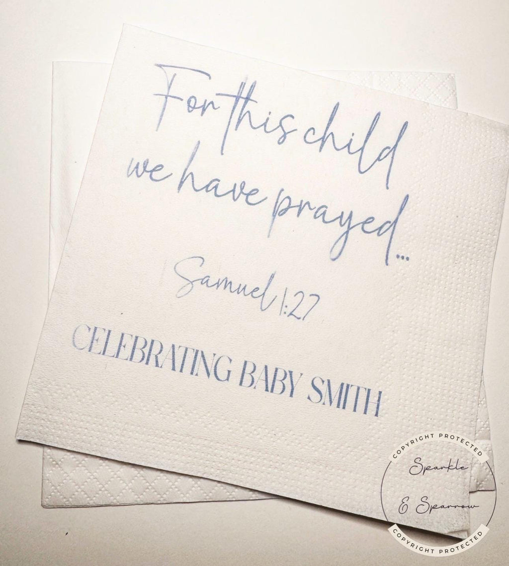 For This Child We Have Prayed Baby Shower Rainbow Baby Gender Reveal Christian Personalized Cocktail, Luncheon or Dinner Napkins Set of 25